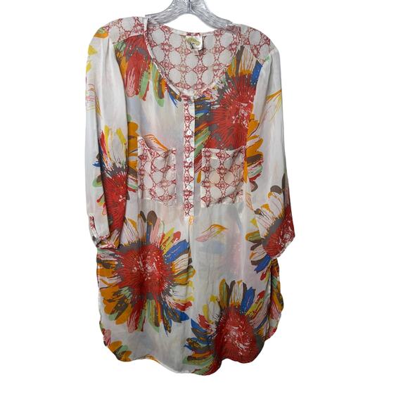 Fig and Flower 1X Sheer Tunic Blouse Multicolor Floral Boho Festival Peasant Top - Picture 1 of 8